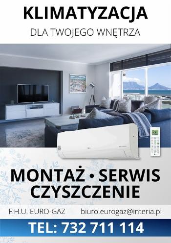 Reklama klimatyzacji w salonie z widokiem na morze, urządzenie LG, tekst: Montaż, Serwis, Czyszczenie, dane kontaktowe firmy.