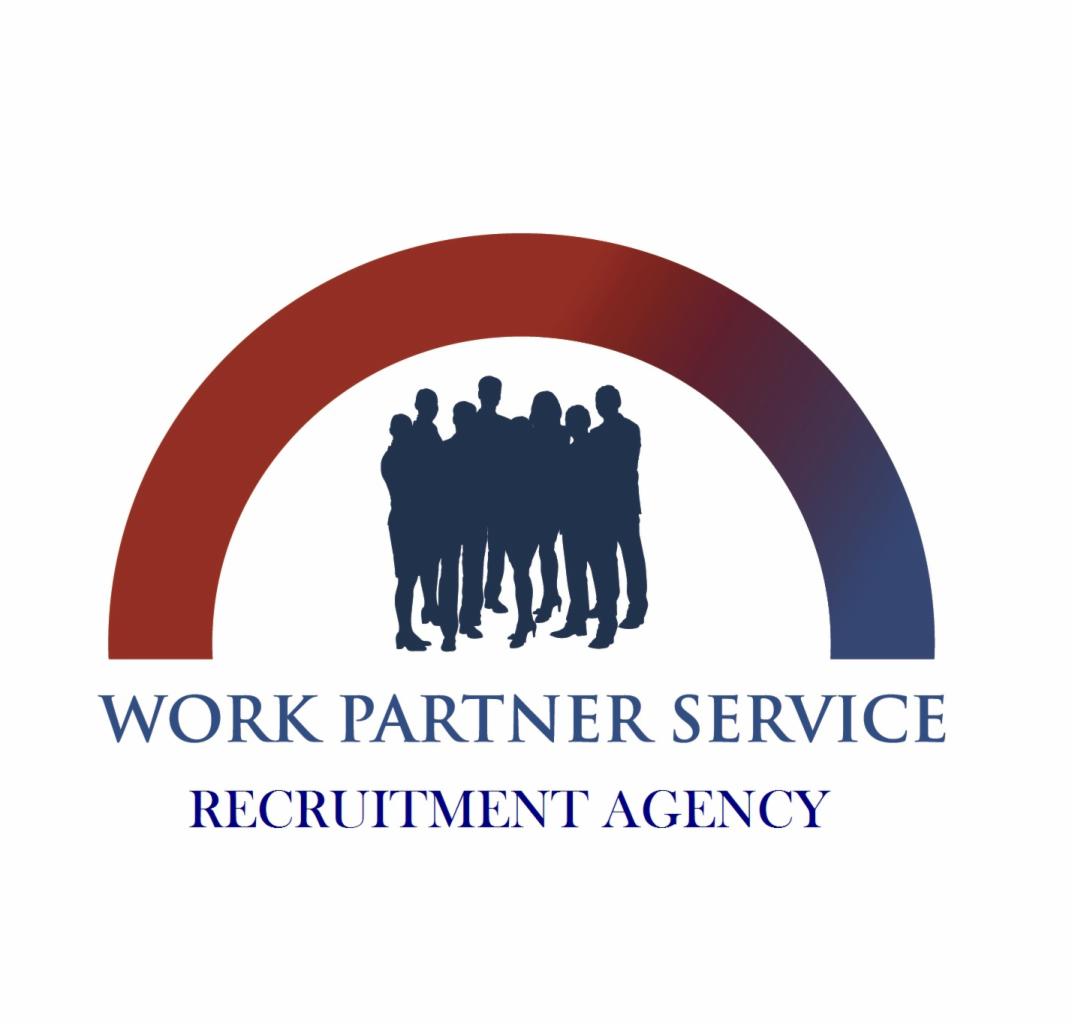 Logo firmy Work Partner Service Recruitment Agency z sylwetkami grupy ludzi pod łukiem w odcieniach czerwieni i niebieskiego.