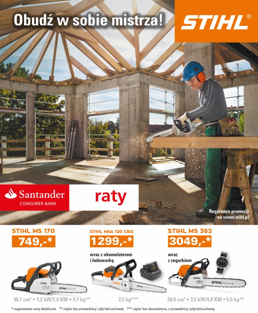 Mężczyzna w kasku i okularach ochronnych przecina deskę akumulatorową piłą łańcuchową Stihl na budowie domu w stanie surowym, ulotka reklamowa.