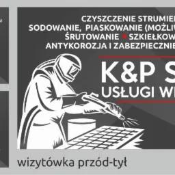 Grafika reklamowa firmy K&P Soltech oferującej czyszczenie strumieniowo-ścierne, sodowanie, śrutowanie, szkielkowanie, malowanie, antykorozję, usługi spawalnicze, czyszczenie felg i ram, z adresem...