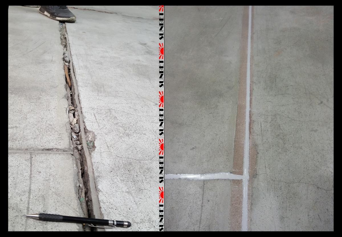 Dylatacja w betonowej posadzce przed i po wypełnieniu masą uszczelniającą, widoczne zanieczyszczenia w szczelinie przed naprawą, obok leży ołówek.