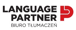 Logo Language Partner Biuro Tłumaczeń z Tychów. Czarny napis na białym tle z czerwonym elementem graficznym w kształcie litery P po prawej stronie.