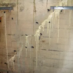 Wilgotna ściana z cegieł po iniekcji preparatu uszczelniającego, widoczne metalowe wsporniki i wyciekający preparat.