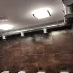 System kanałów wentylacyjnych z okrągłymi dyfuzorami, zamontowany pod sufitem w toalecie publicznej z brązowymi płytkami.