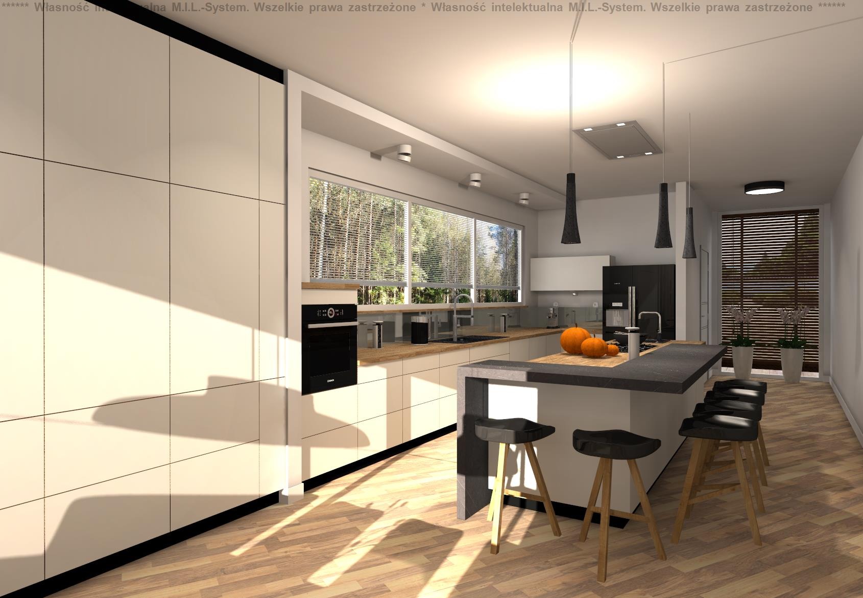 Wizualizacja nowoczesnej kuchni z białymi, gładkimi frontami szafek, drewnianym blatem, czarnym piekarnikiem w zabudowie i wyspą z szarym blatem oraz drewnianymi hokerami, oświetlona trzema...