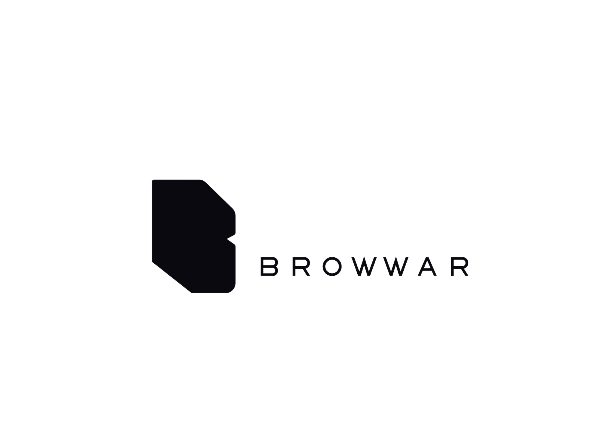 Minimalistyczne logo firmy Browwar z geometrycznym symbolem przypominającym literę B i nazwą firmy zapisaną prostym krojem pisma.