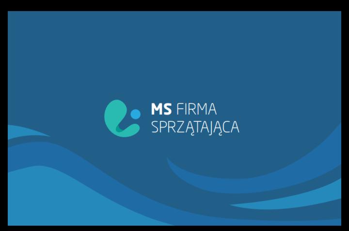 Logo firmy sprzątającej 'MS Firma Sprzątająca' na niebieskim tle z abstrakcyjnymi, jaśniejszymi falami u dołu.