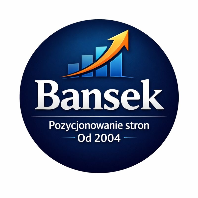 Logo Bansek: niebieski wykres wzrostu z pomarańczową strzałką, nazwa firmy i napis 'Pozycjonowanie stron Od 2004' na ciemnoniebieskim tle w okręgu.