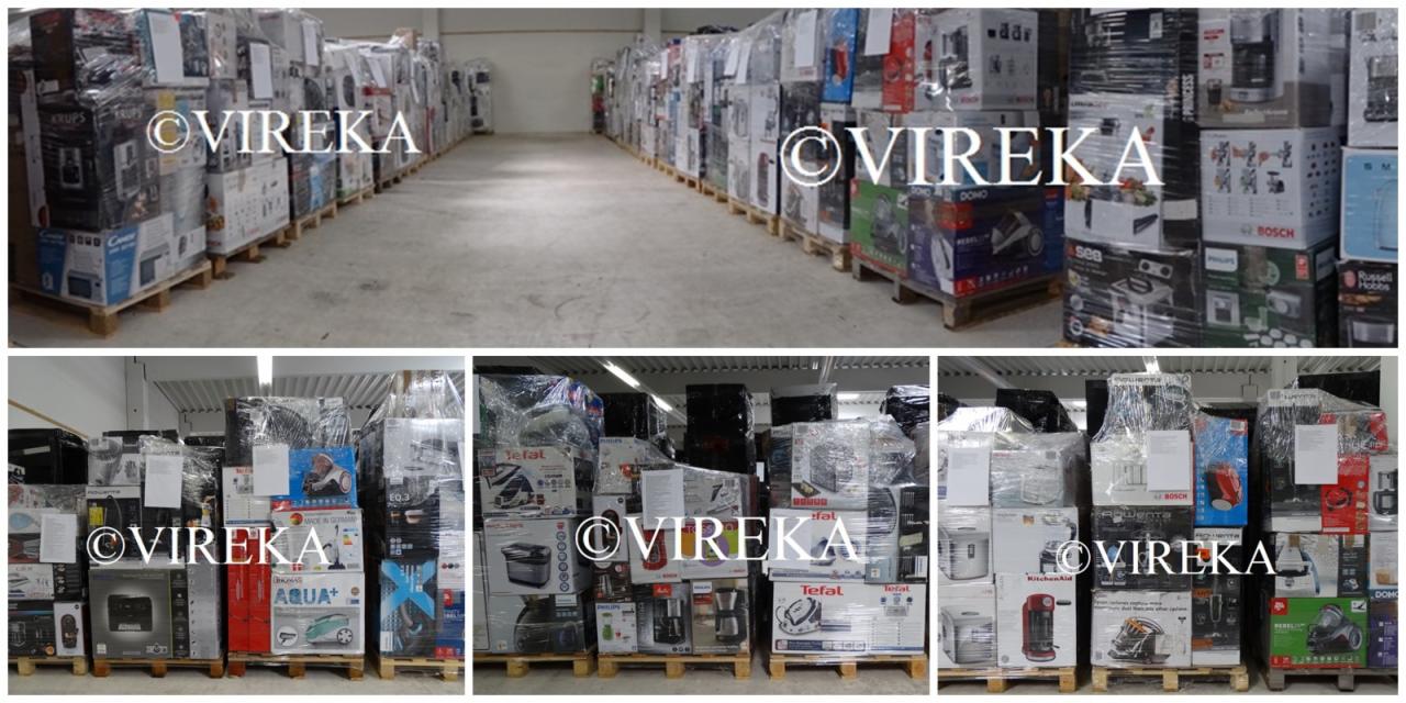 Magazyn wypełniony paletami z zapakowanymi w folię kartonami sprzętu AGD różnych marek, takich jak Krups, Tefal, Bosch, Domo, ułożonymi w rzędach wzdłuż betonowej podłogi.