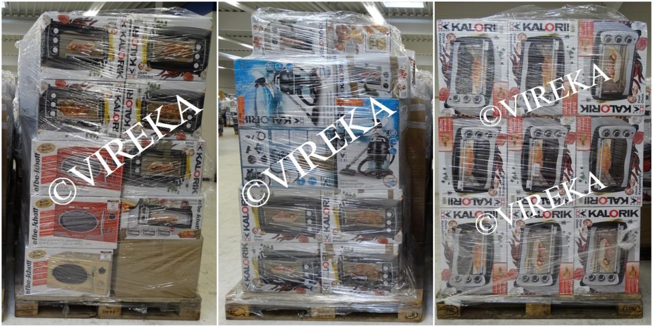 Trzy palety zafoliowanych kartonów z nowymi piekarnikami i odkurzaczami marki Kalorik, gotowe do transportu.