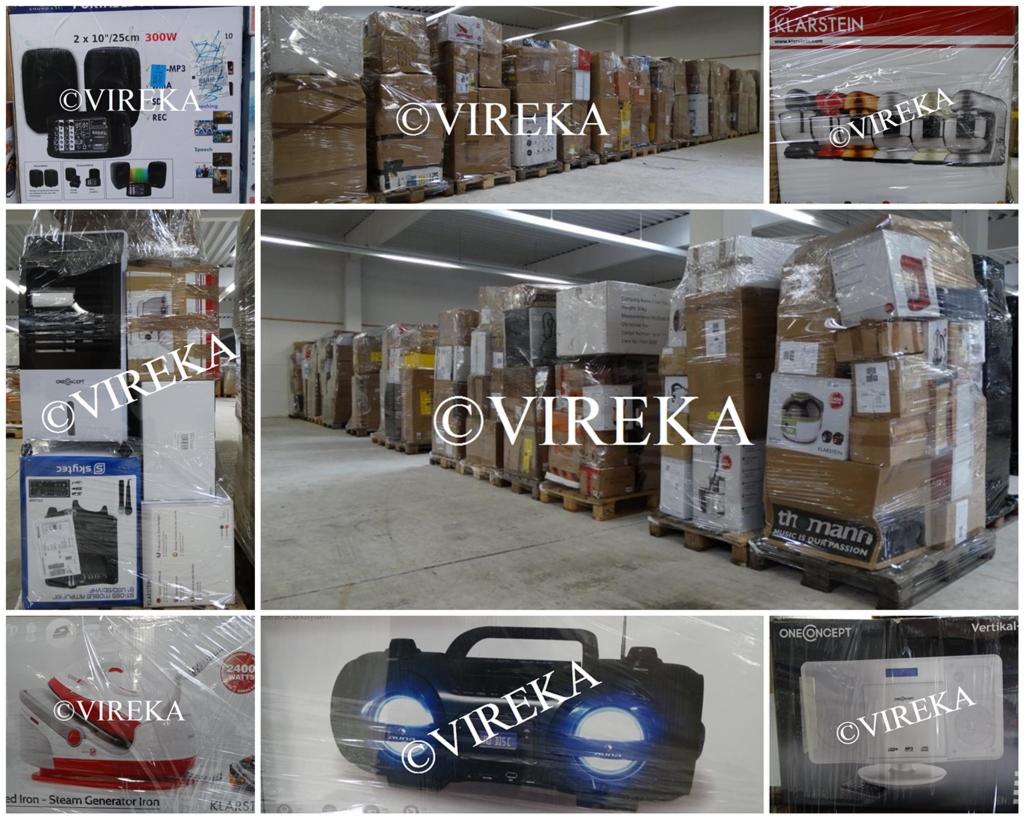 Magazyn z paletami zapakowanych kartonów z elektroniką i sprzętem AGD, owiniętych folią stretch.