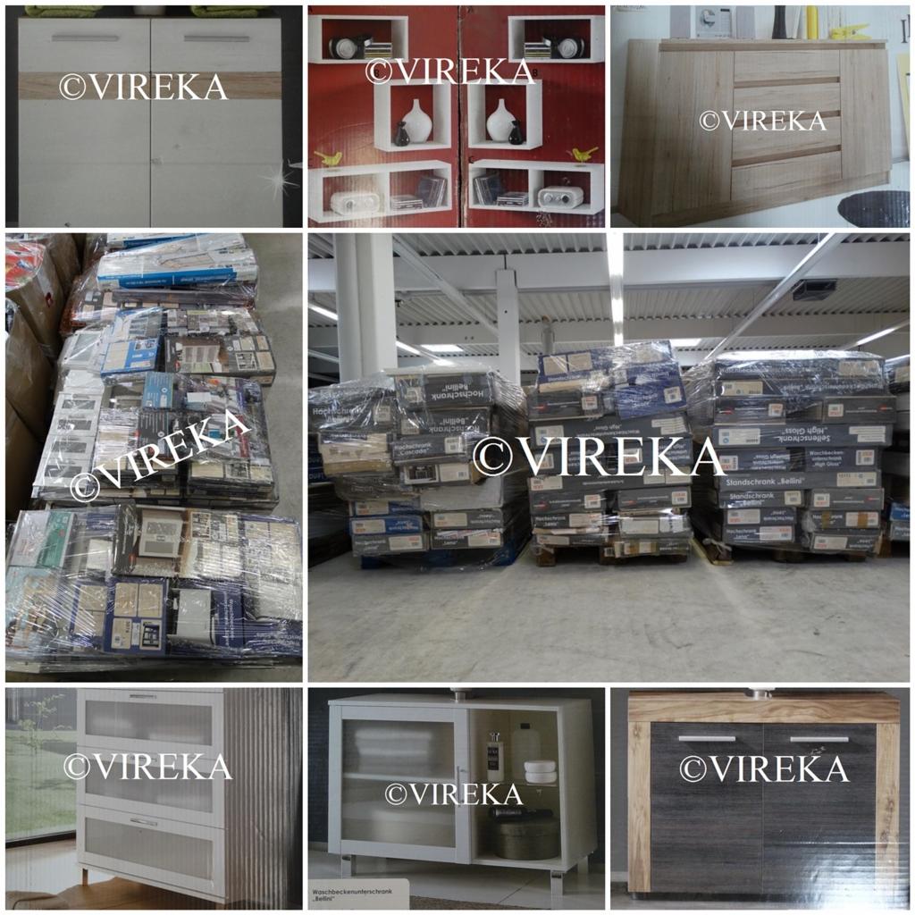 Kolaż zdjęć mebli: szafki nocne z szufladami, półki wiszące, komody, szafki pod umywalkę, palety z zapakowanymi elementami meblowymi w magazynie.