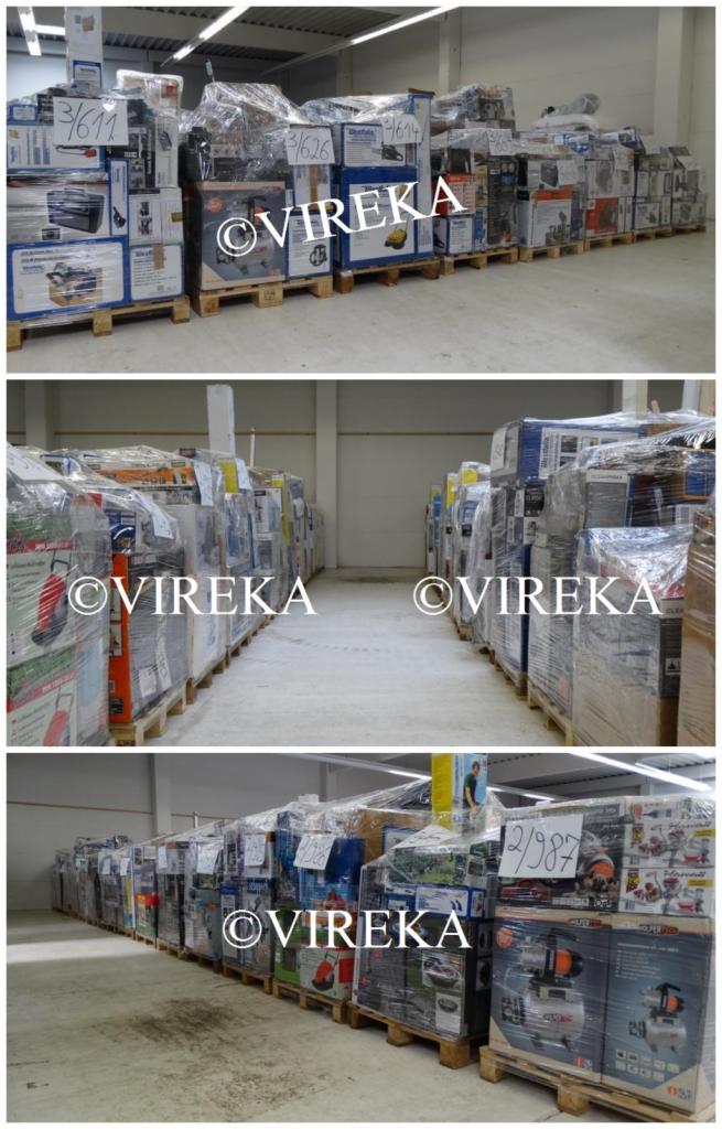 Palety z zapakowanymi w folię kartonami z urządzeniami, ustawione w magazynie, widoczne numery identyfikacyjne na kartonach.