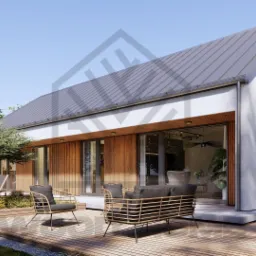 Nowoczesny dom z białymi ścianami i szarym dachem, z tarasem z drewnianych desek i meblami ogrodowymi w otoczeniu zieleni. Widok z zewnątrz w słoneczny dzień.