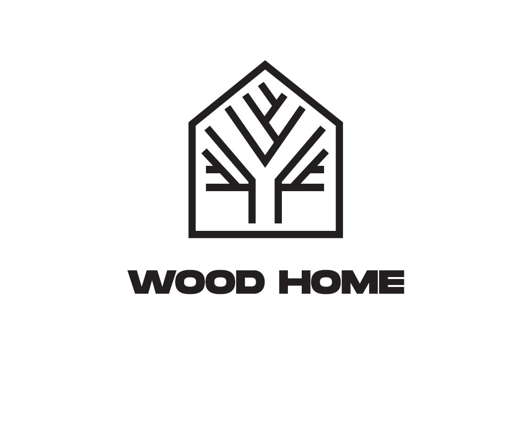 Minimalistyczne logo firmy 'WOOD HOME' przedstawiające stylizowany dom z drzewem wewnątrz, wykonane czarną linią na białym tle.