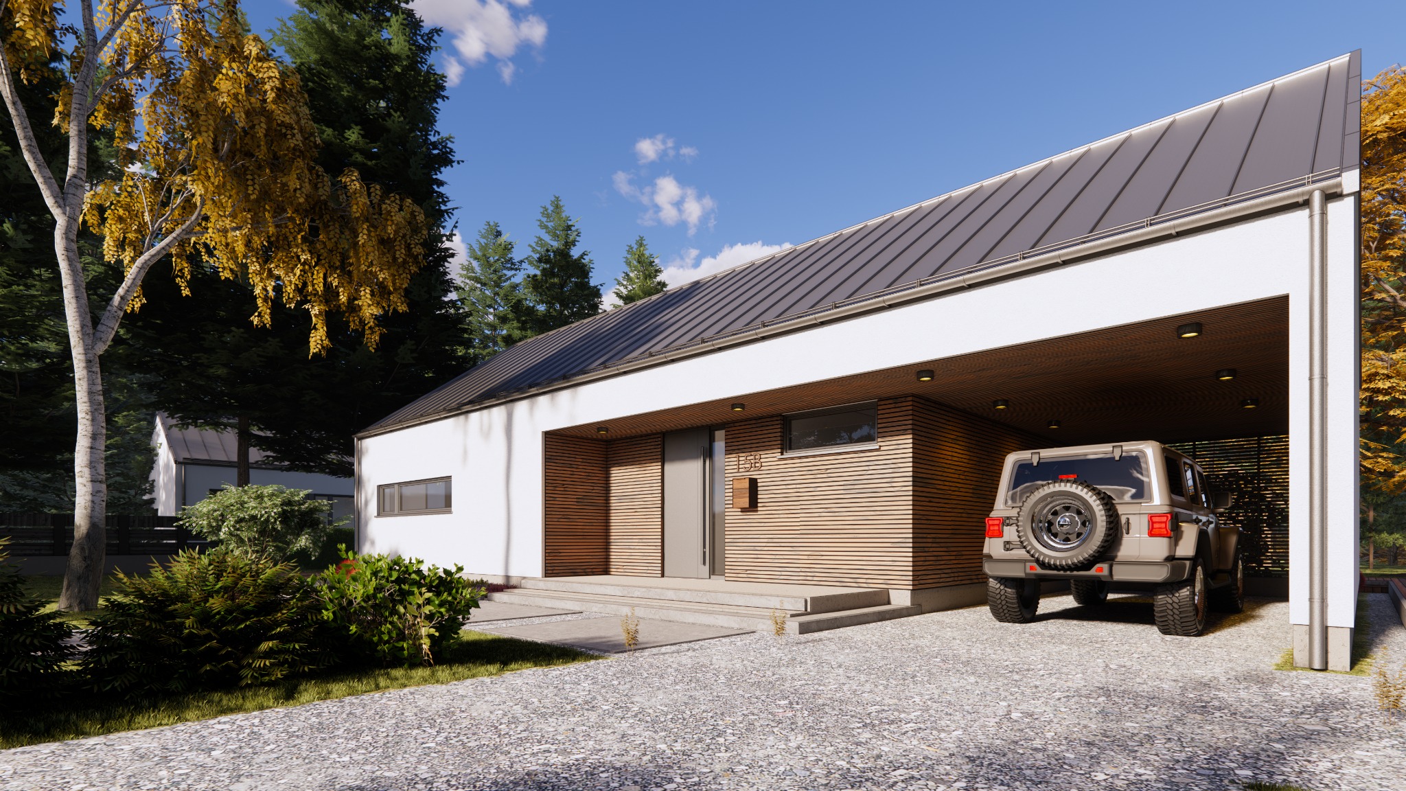 Nowoczesny dom z płaskim dachem i wjazdem do garażu, wykończony drewnianą elewacją, z zaparkowanym SUV-em. Widoczny numer domu 15B.