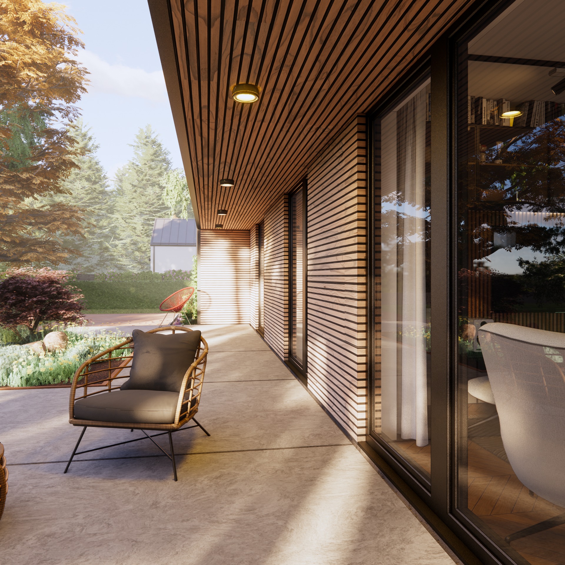 Nowoczesny dom z elewacją z jasnego drewna, widok z zewnątrz na taras z rattanowym fotelem i widokiem na ogród z czerwoną huśtawką.