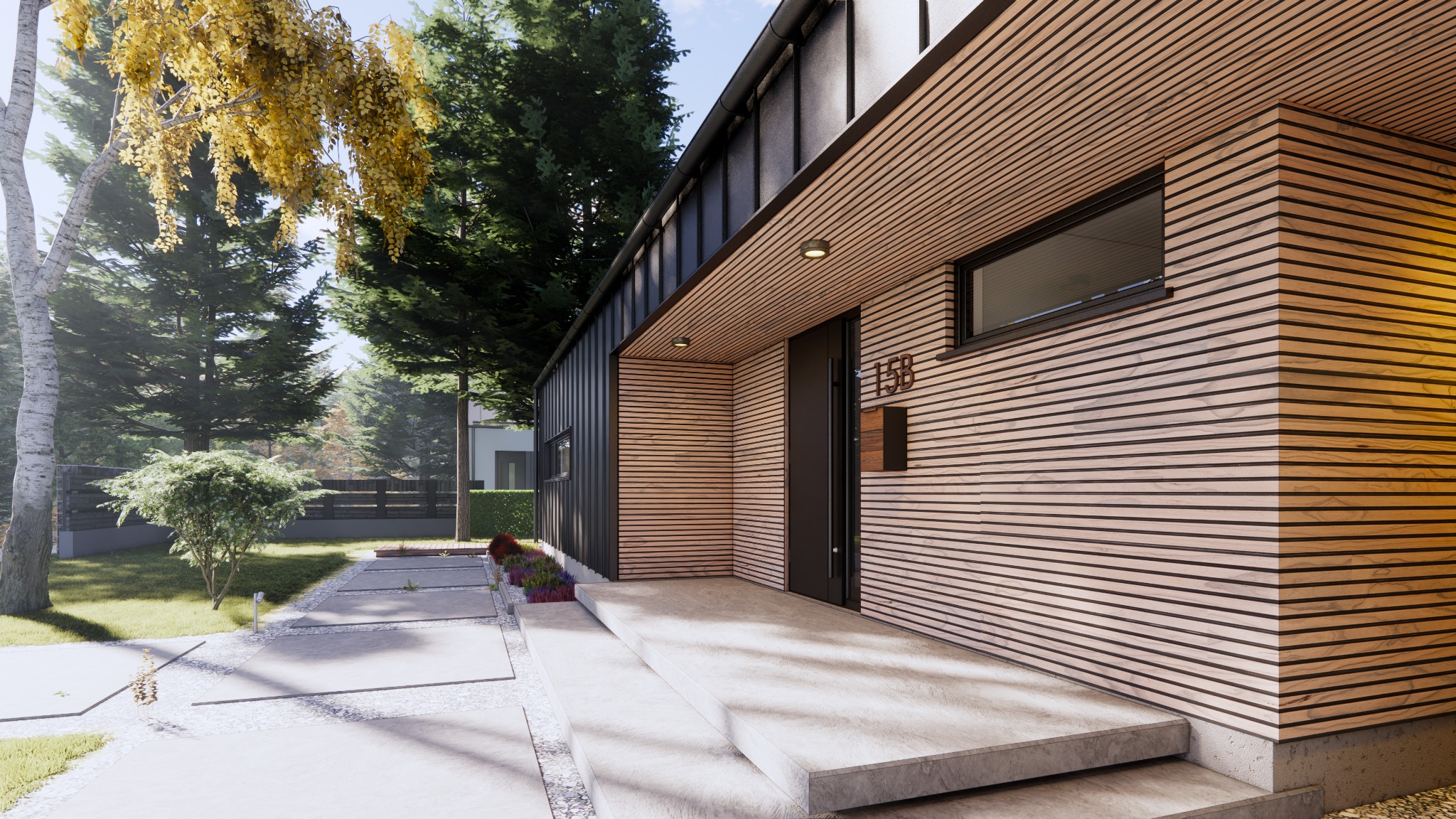 Nowoczesny dom z elewacją z drewnianych paneli w Siemianowicach Śląskich, z numerem domu 15B i skrzynką pocztową obok czarnych drzwi wejściowych, otoczony zielenią i drzewami.