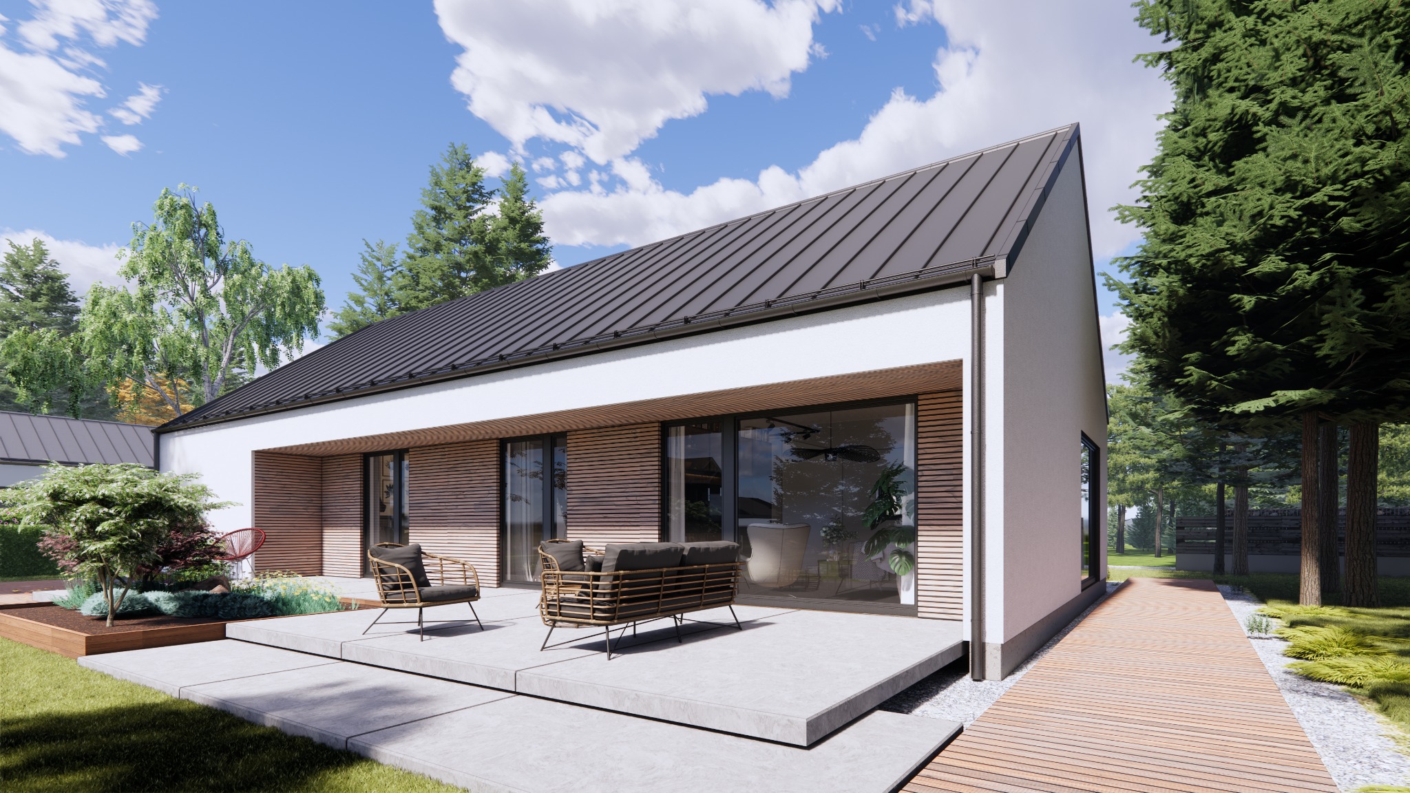 Wizualizacja nowoczesnego domu z płaskim dachem, elewacją z drewnianymi panelami i dużymi przeszkleniami wychodzącymi na taras z minimalistycznymi meblami ogrodowymi, otoczonego zielenią.