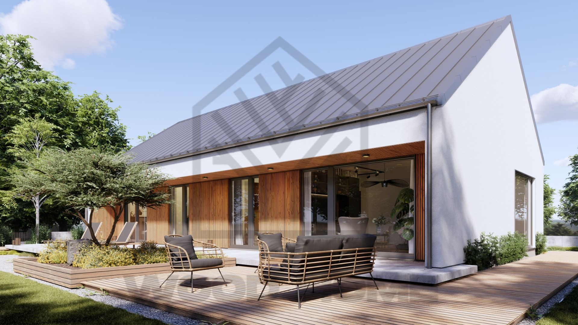 Nowoczesny dom z białymi ścianami i szarym dachem, z tarasem z drewnianych desek i meblami ogrodowymi w otoczeniu zieleni. Widok z zewnątrz w słoneczny dzień.