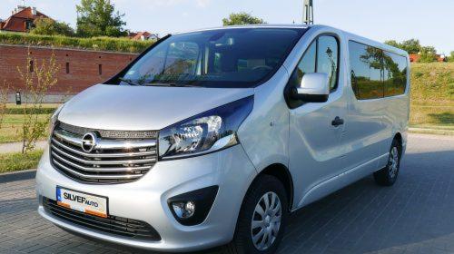 Srebrny Opel Vivaro z przyciemnianymi szybami, zaparkowany na kostce brukowej przed ceglanym murem i zielonym wzgórzem.