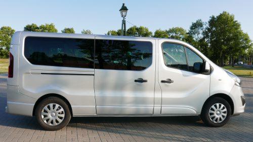 Srebrny van z przyciemnianymi szybami zaparkowany na brukowanej nawierzchni, widok z boku, w tle latarnia i zieleń.