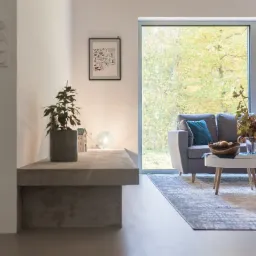 Jasne wnętrze salonu z dużym oknem na ogród. Wystrój minimalistyczny, z szarą sofą, drewnianym stolikiem i roślinami doniczkowymi. Na ścianie grafika w ramce.