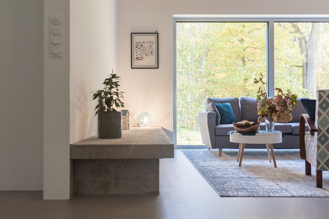 Jasne wnętrze salonu z dużym oknem na ogród. Wystrój minimalistyczny, z szarą sofą, drewnianym stolikiem i roślinami doniczkowymi. Na ścianie grafika w ramce.
