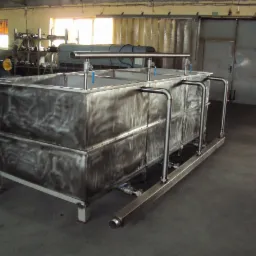 Duża, spawana, nierdzewna wanna przemysłowa z rurami i zaworami, stojąca na betonowej podłodze w hali produkcyjnej, oświetlona naturalnym światłem wpadającym przez okna.