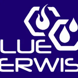 Logo firmy Blue Serwis na ciemnoniebieskim tle, z białym napisem i symbolem płomienia oraz kropli w sześciokątnych obrysach.