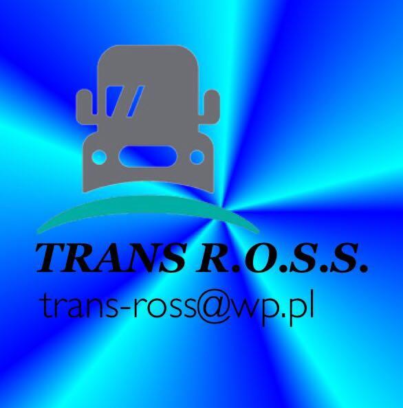 Logo firmy transportowej TRANS R.O.S.S. z szarym symbolem busa na niebieskim tle i adresem e-mail.