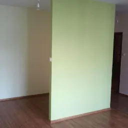 Pusta przestrzeń z nowo pomalowaną, jasnozieloną ścianą działową, parkietem i widocznym fragmentem instalacji elektrycznej.