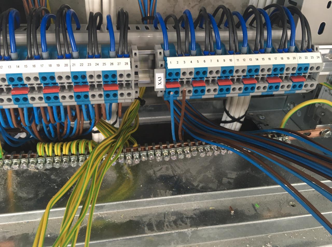 Szczegółowe ujęcie panelu elektrycznego z numerowanymi złączkami, kolorowymi przewodami i oznaczeniem XA3, widoczne złącza śrubowe i przewody w barwach niebieskiej, brązowej i żółto-zielonej...