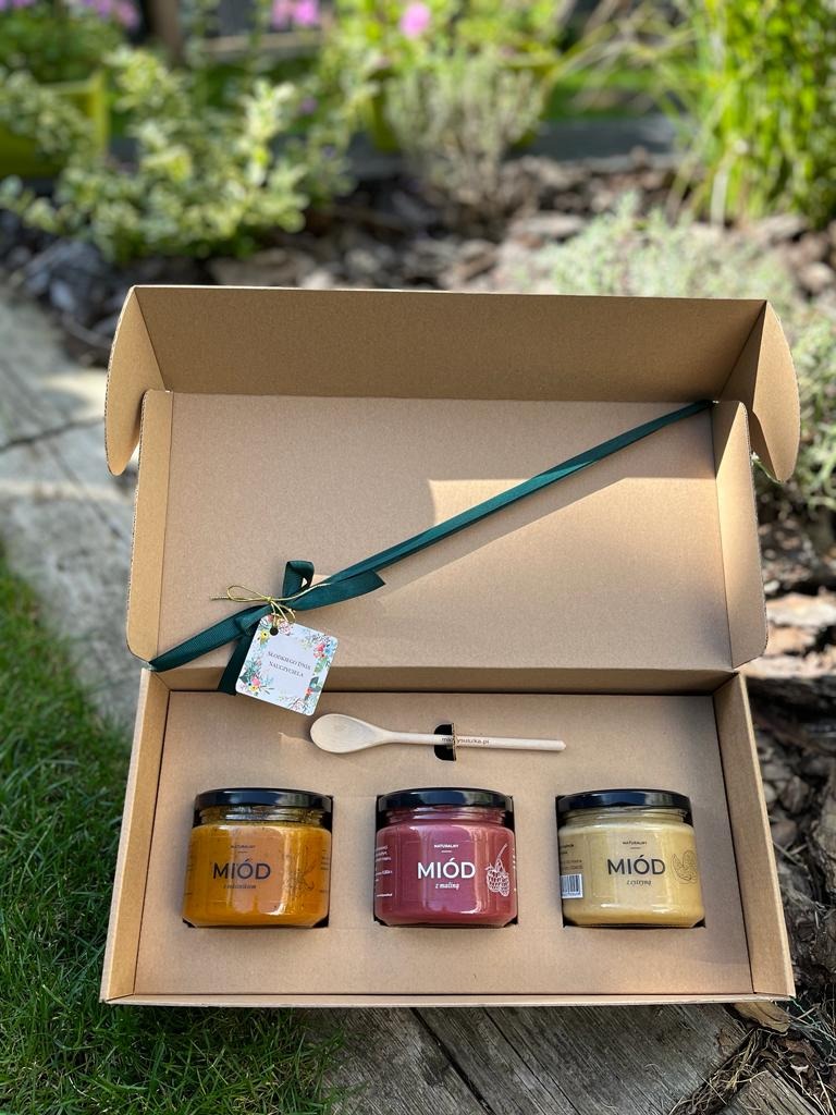 Otwarty kartonowy kosz prezentowy z trzema słoikami miodu o różnych smakach i drewnianą łyżeczką, przewiązany zieloną wstążką z ozdobną etykietą na tle zieleni ogrodowej.