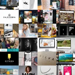 Zestawienie różnorodnych przykładów wizualnych: bilbord z reklamą apartamentów, pudełko na wynos z napisem WOK, kubek z logo Port Cafe, szyld Zajezdnia Poznań, reklama Le Tour, strona internetowa...