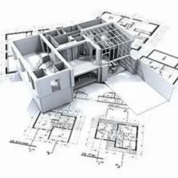 Model 3D domu w trakcie projektowania, umieszczony na tle planów architektonicznych, prezentujący układ pomieszczeń i strukturę budynku.