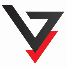 Abstrakcyjne logo firmy: Dwie nachodzące na siebie strzałki w dół, górna czarna, dolna czerwona, na białym tle.