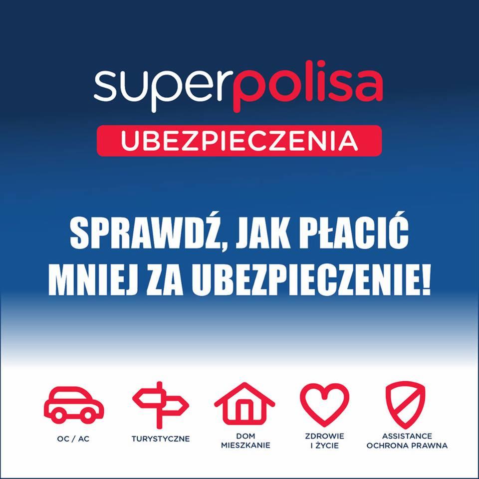 Grafika reklamowa Superpolisa z hasłem 'Sprawdź, jak płacić mniej za ubezpieczenie!' oraz ikonami: samochodu, strzałek kierunkowych, domu, serca i tarczy, symbolizującymi różne rodzaje ochrony.
