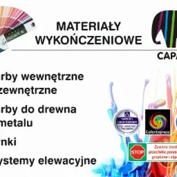 Grafika reklamowa materiałów wykończeniowych Caparol, prezentująca paletę kolorów, farby do wnętrz i elewacji, farby do drewna i metalu, tynki oraz systemy elewacyjne, wraz z logotypami technologii...