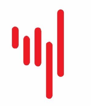 Czerwone, pionowe, różnej długości paski ułożone ukośnie, tworzące abstrakcyjny symbol graficzny.