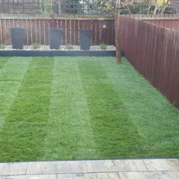 Równomiernie przystrzyżony trawnik z wyraźnymi pasami, obrzeża z kamieni i donic, drewniany płot w tle.