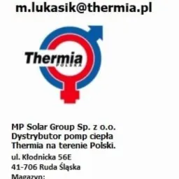 Wizytówka firmy MP Solar Group Sp. z o.o., dystrybutora Thermia, z logotypem Thermia Polska, adresem i numerem telefonu Mateusza Łukasika.