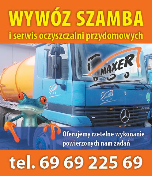 Reklama firmy wywożącej szambo i serwisującej oczyszczalnie przydomowe, z niebieską ciężarówką z żółtą cysterną i żabą w roli maskotki.