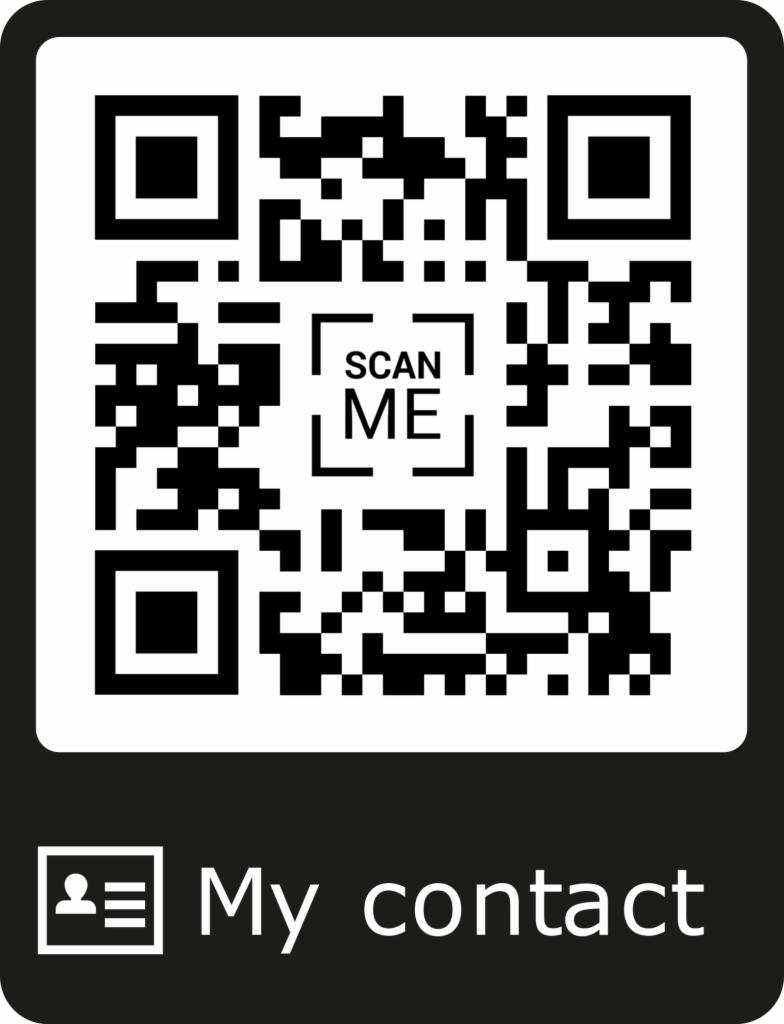 Czarno-biały kod QR z napisem 'SCAN ME' w środku, poniżej ikona kontaktu i napis 'My contact'.