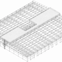Techniczny rysunek 3D szkieletu hali stalowej z widocznymi elementami konstrukcyjnymi dachu i ścian, prezentujący detale połączeń i rozmieszczenie belek.