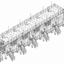 Techniczny rysunek izometryczny stalowej platformy przemysłowej z licznymi schodami i otworami w podłodze, przedstawiony w czerni na białym tle.