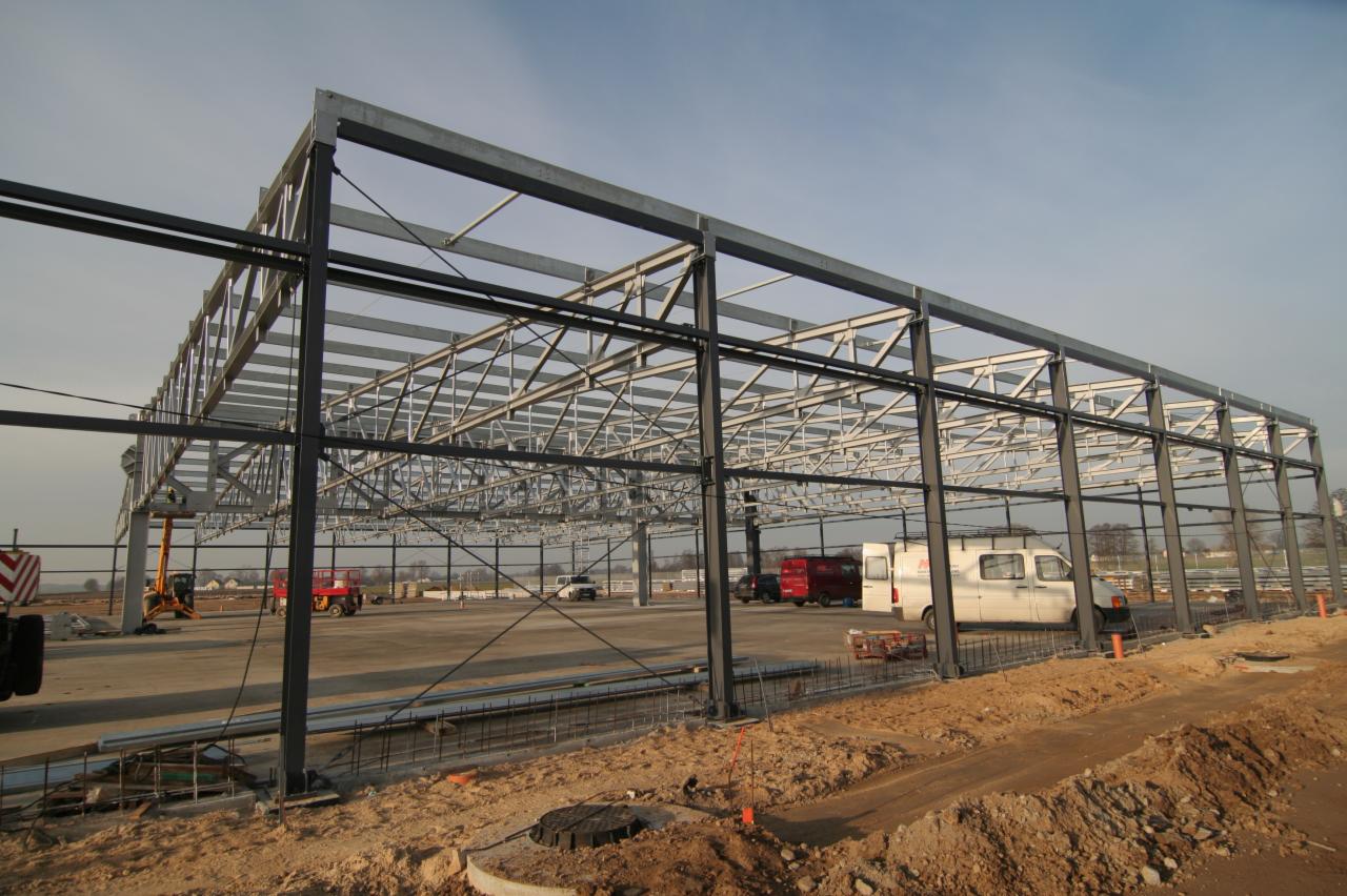 Konstrukcja stalowa hali w trakcie budowy, widoczne elementy nośne, słupy i kratownica dachu, z pojazdami budowlanymi w tle.