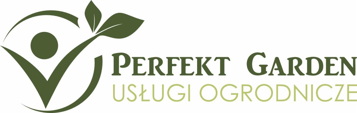 Logo firmy ogrodniczej Perfekt Garden z motywem osoby i rośliny w kolorze ciemnej zieleni oraz napisem 'Perfekt Garden Usługi Ogrodnicze' w dwóch odcieniach zieleni.