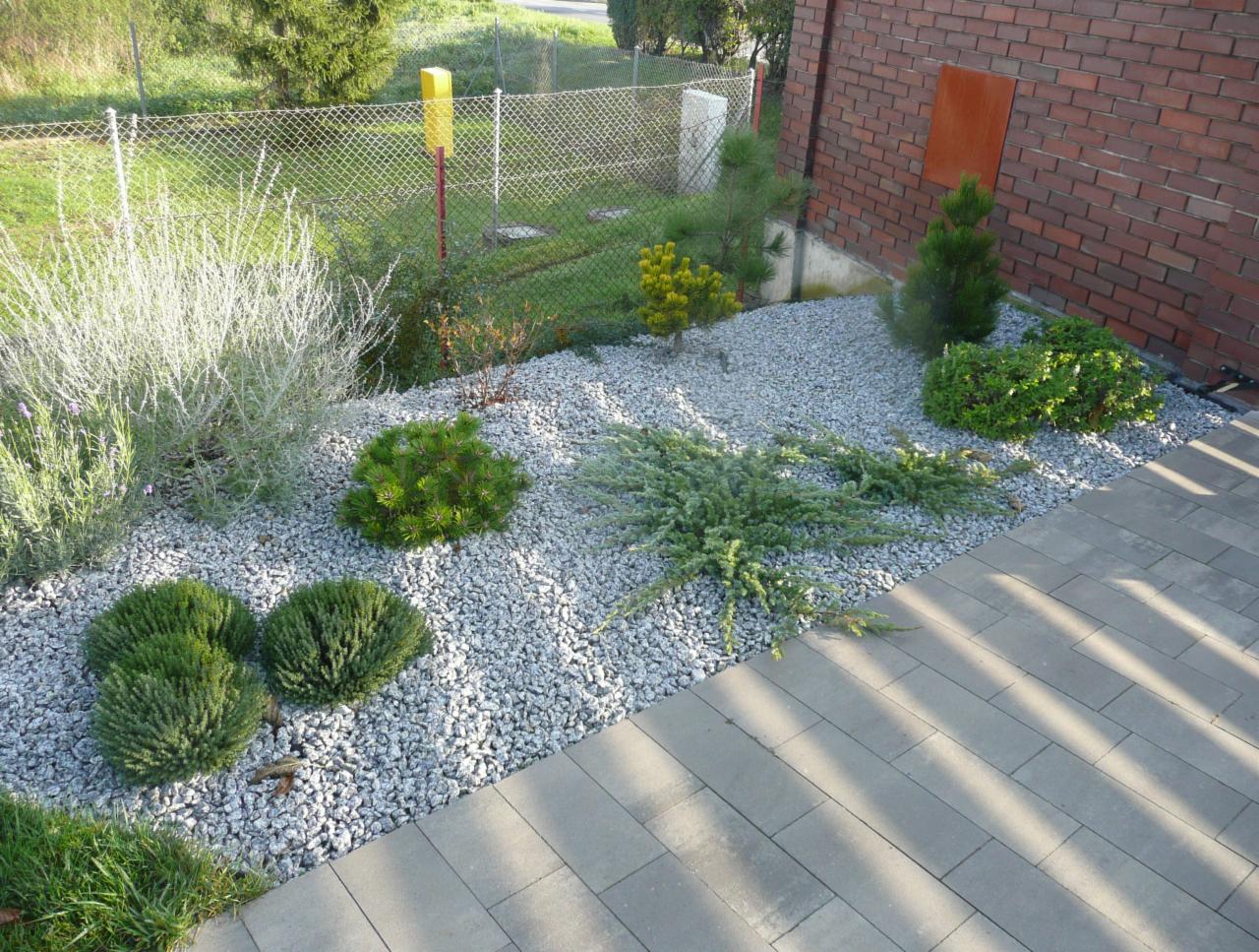 Kaskadowy ogródek skalny z szarym grysem, niskimi krzewami iglastymi i bylinami, przylegający do ceglanego muru i chodnika z szarych płyt.