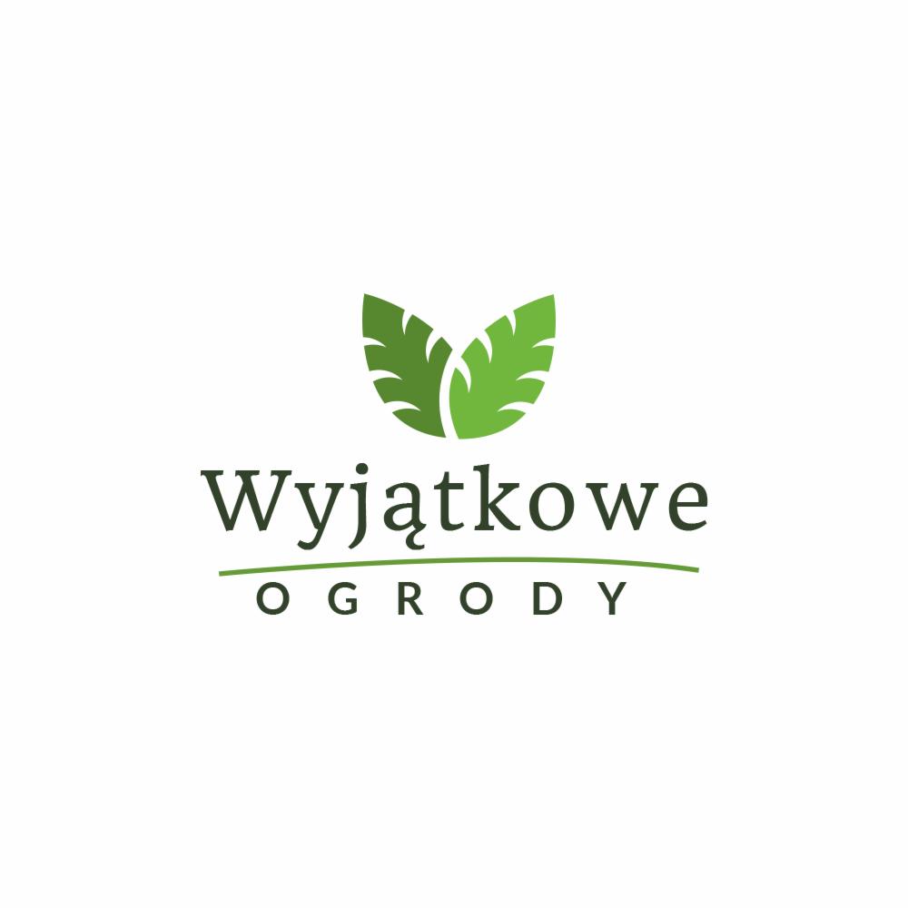 Logo firmy ogrodniczej: Dwa zielone liście nad napisem 'Wyjątkowe OGRODY' z zieloną linią pod 'Wyjątkowe'.